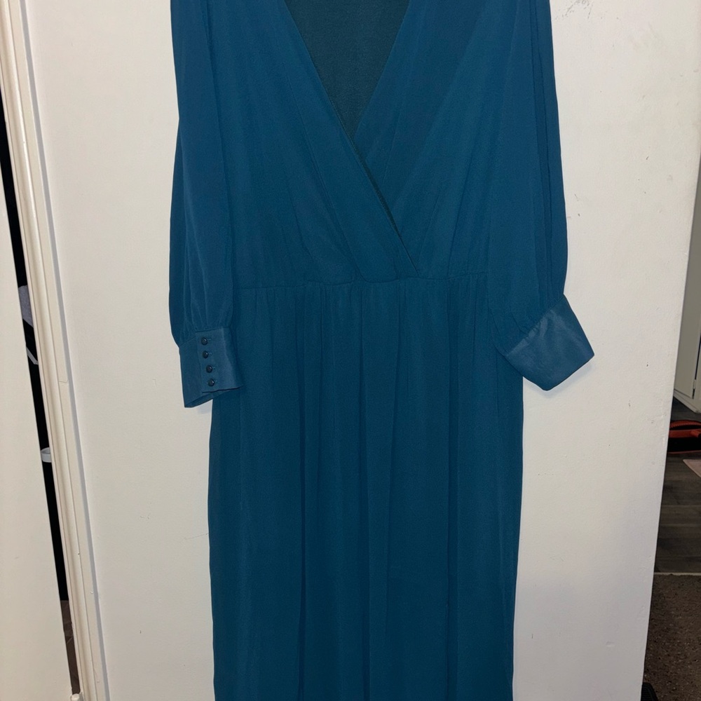 Deep Teal Long Sleeve Wrap-Front Midi Dress